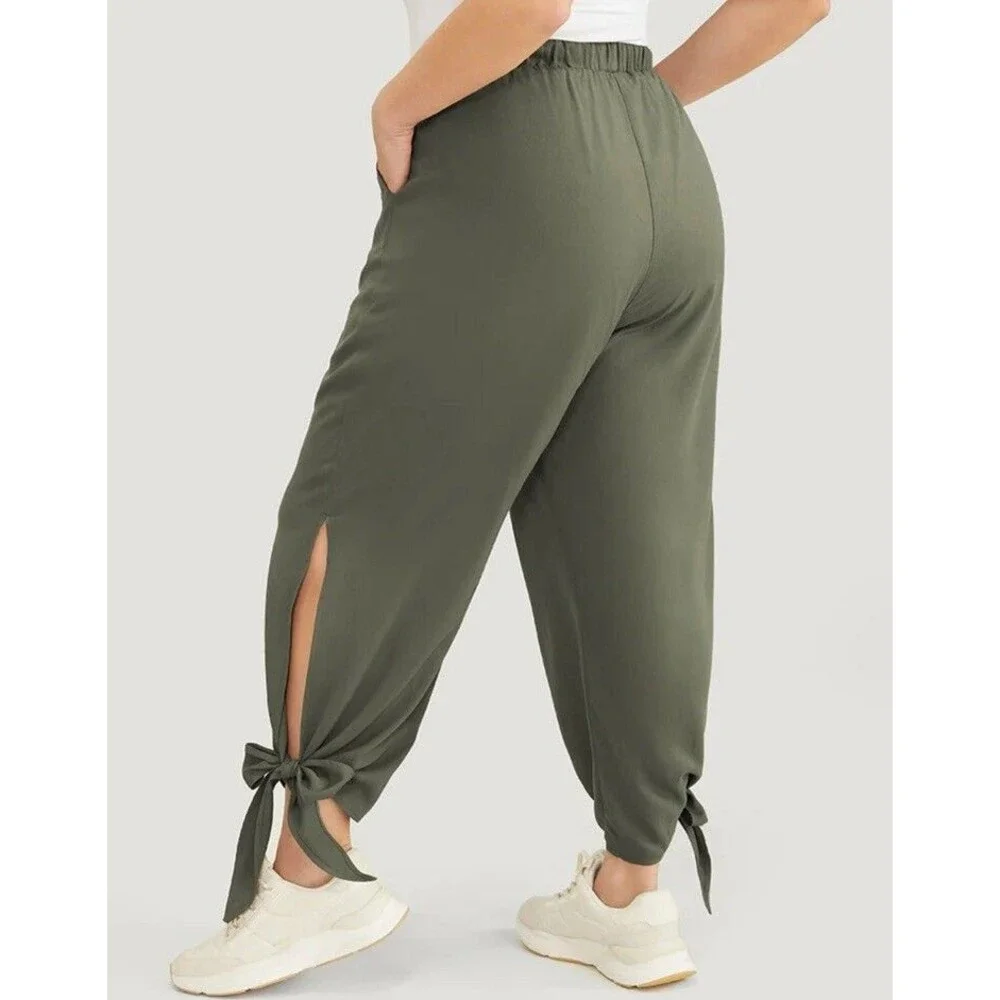 BLOOMCHIC Pants plus 2X 18 20 Green knotted split hem solid‎ pockets pull on